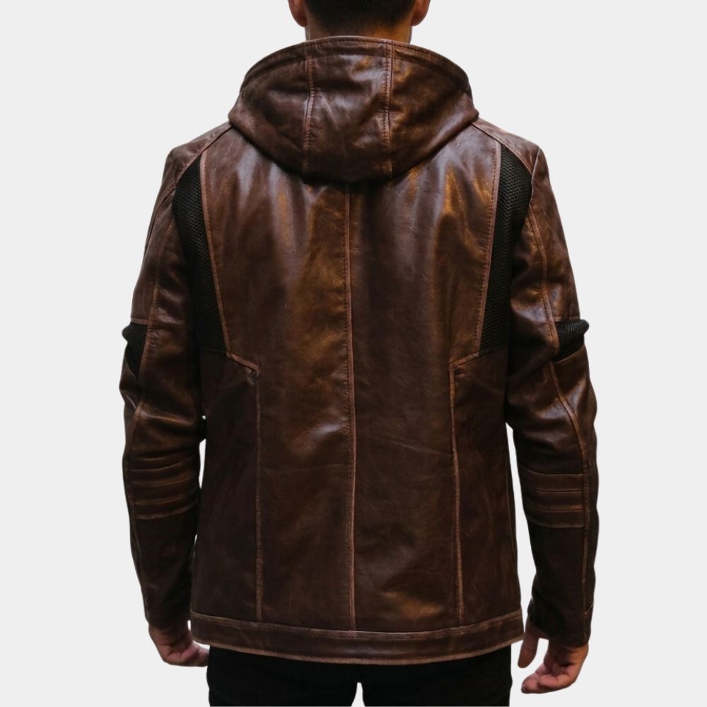 Detroit Become Human Gavin Reed Brown Leather Jacket with Leather Hood - Back View