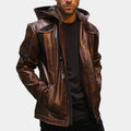 Detroit Become Human Gavin Reed Brown Leather Jacket with Leather Hood - Front View