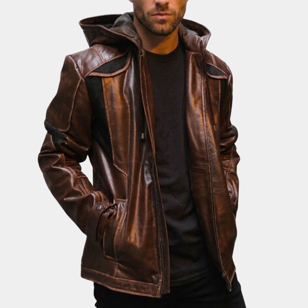 Detroit Become Human Gavin Reed Brown Leather Jacket with Leather Hood - Front View