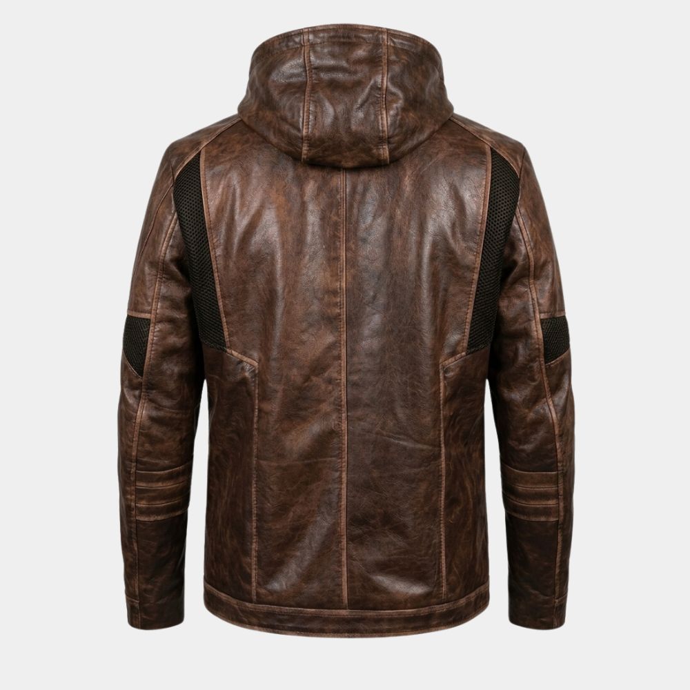 Detroit Become Human Gavin Reed Brown Leather Jacket with Leather Hood - Mannequin Back View