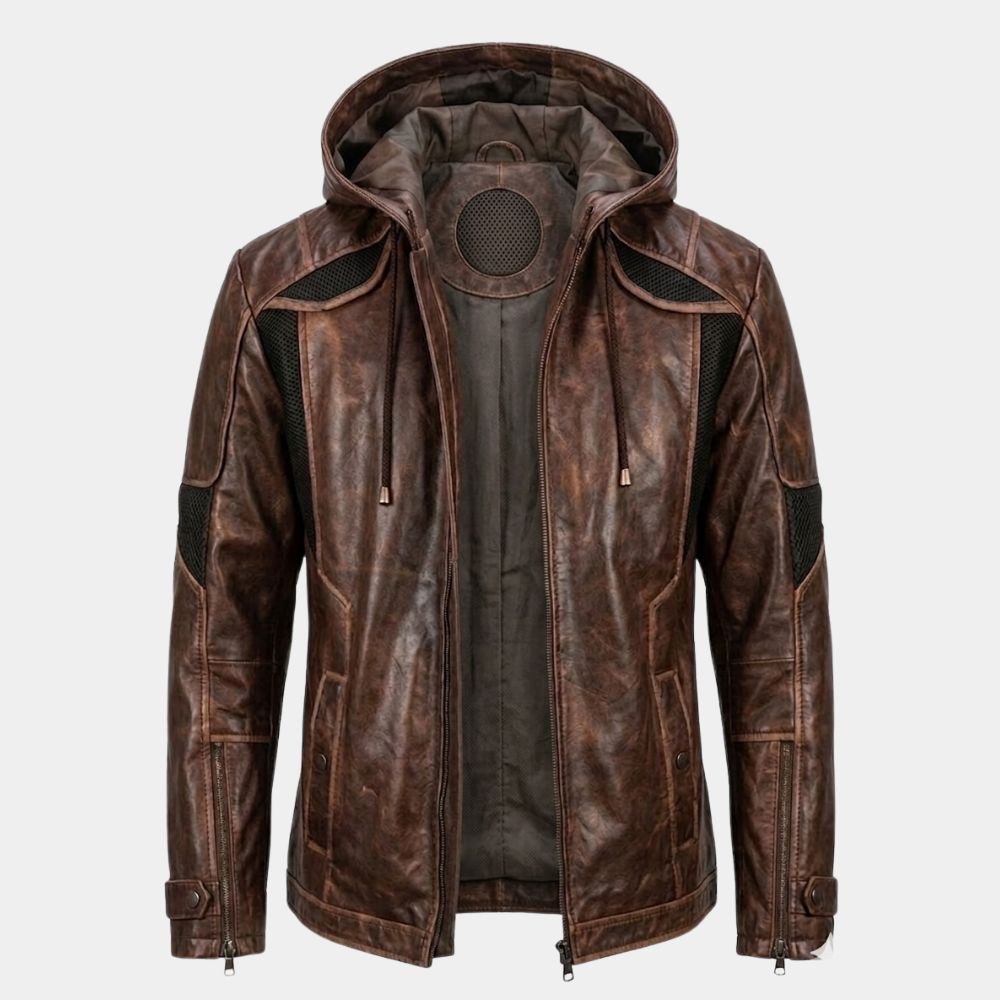 Detroit Become Human Gavin Reed Brown Leather Jacket with Leather Hood - Mannequin View
