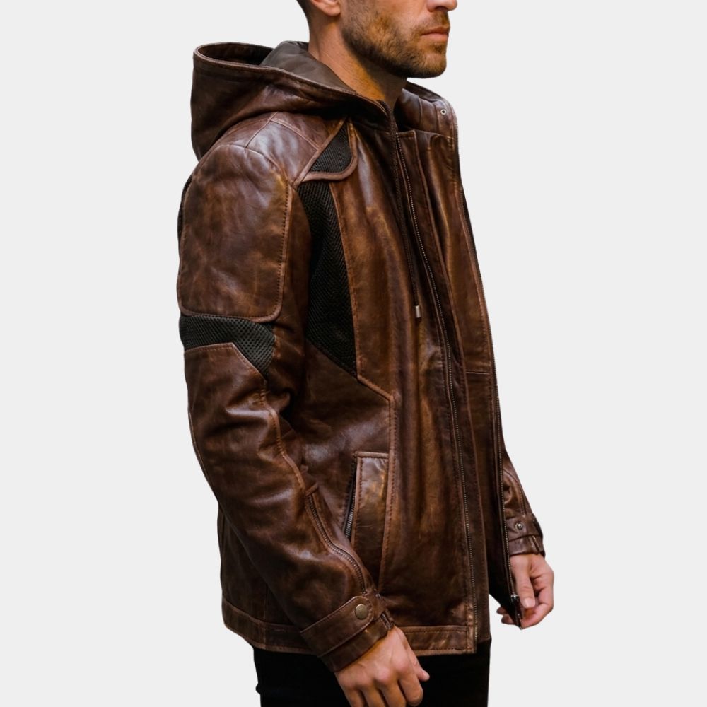 Detroit Become Human Gavin Reed Brown Leather Jacket with Leather Hood - Side View