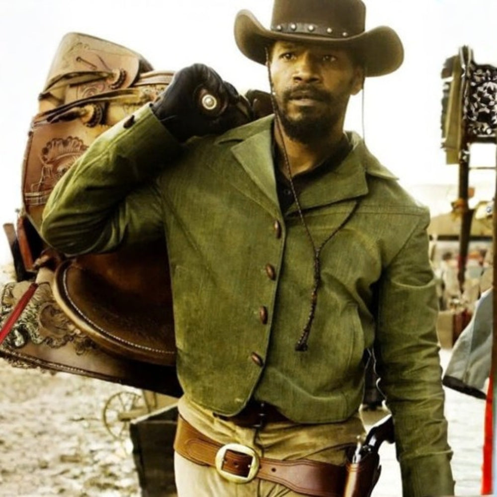 Django Unchained  Django (Jamie Foxx) Green Wool Coat - Character Front View