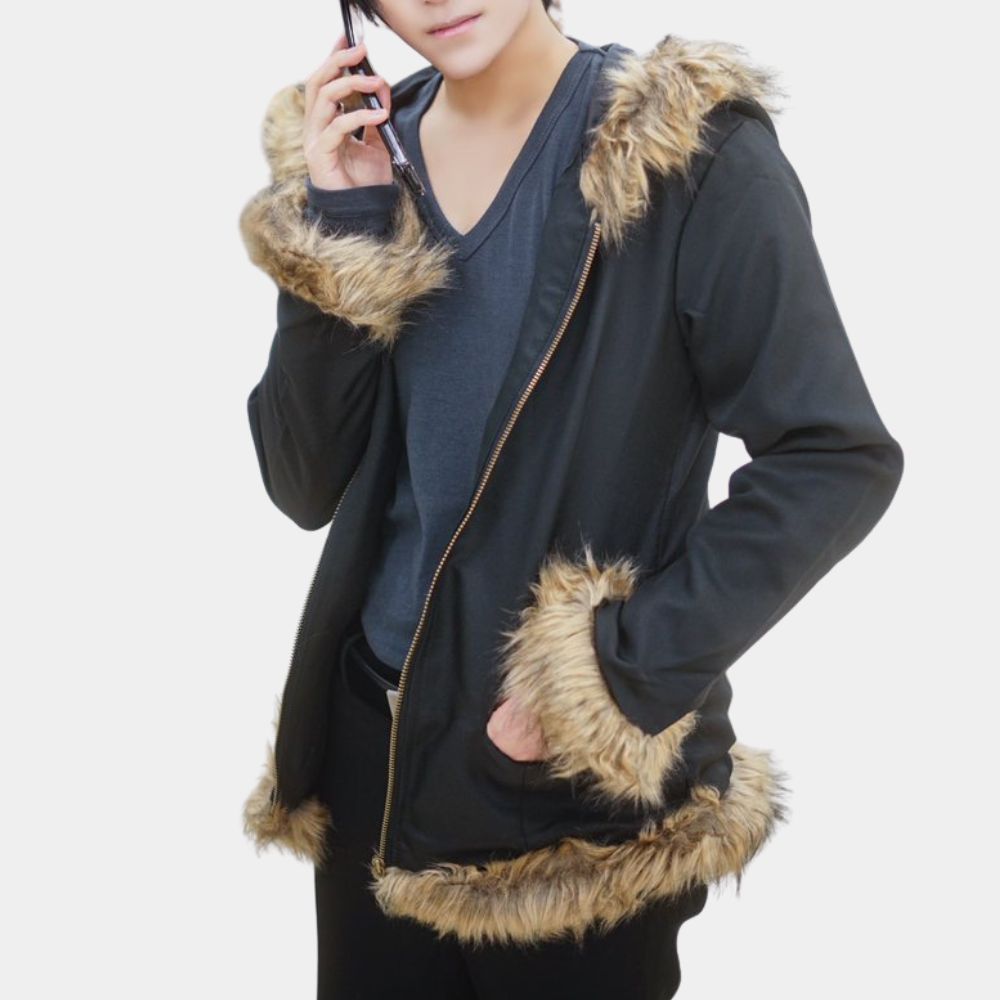 Durarara  Izaya Orihara Black Hooded Fur Jacket - Front View