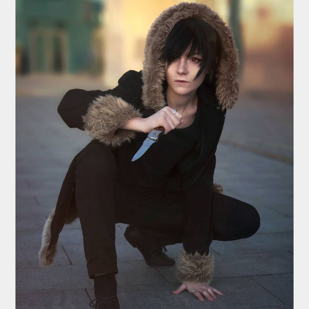 Durarara  Izaya Orihara Black Hooded Fur Jacket - Posture Front View
