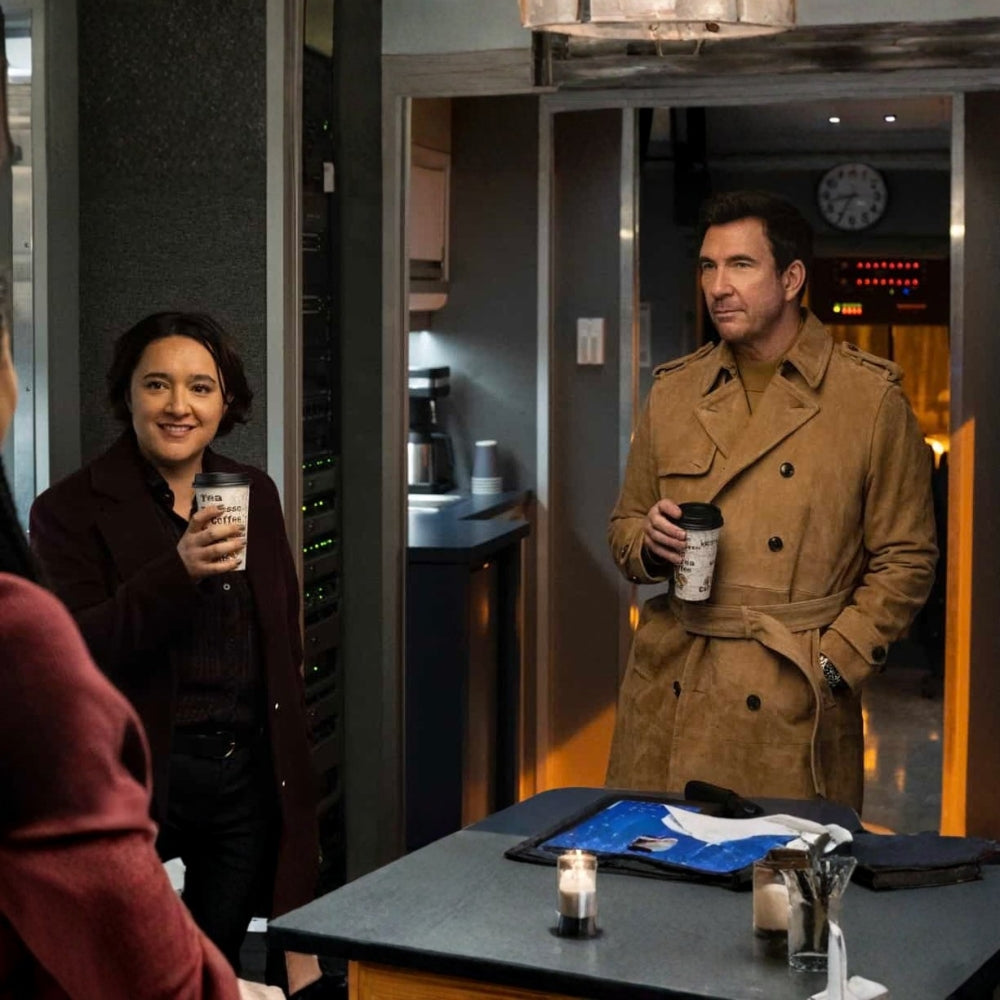 Dylan McDermott  FBI Most Wanted S04 Ep19 Remy Scott Tan Suede Leather Trench Coat - Front Posture View