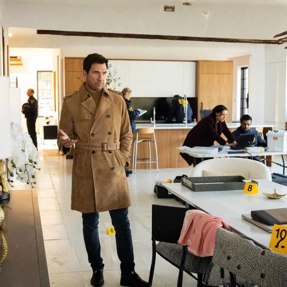 Dylan McDermott  FBI Most Wanted S04 Ep19 Remy Scott Tan Suede Leather Trench Coat - Front View