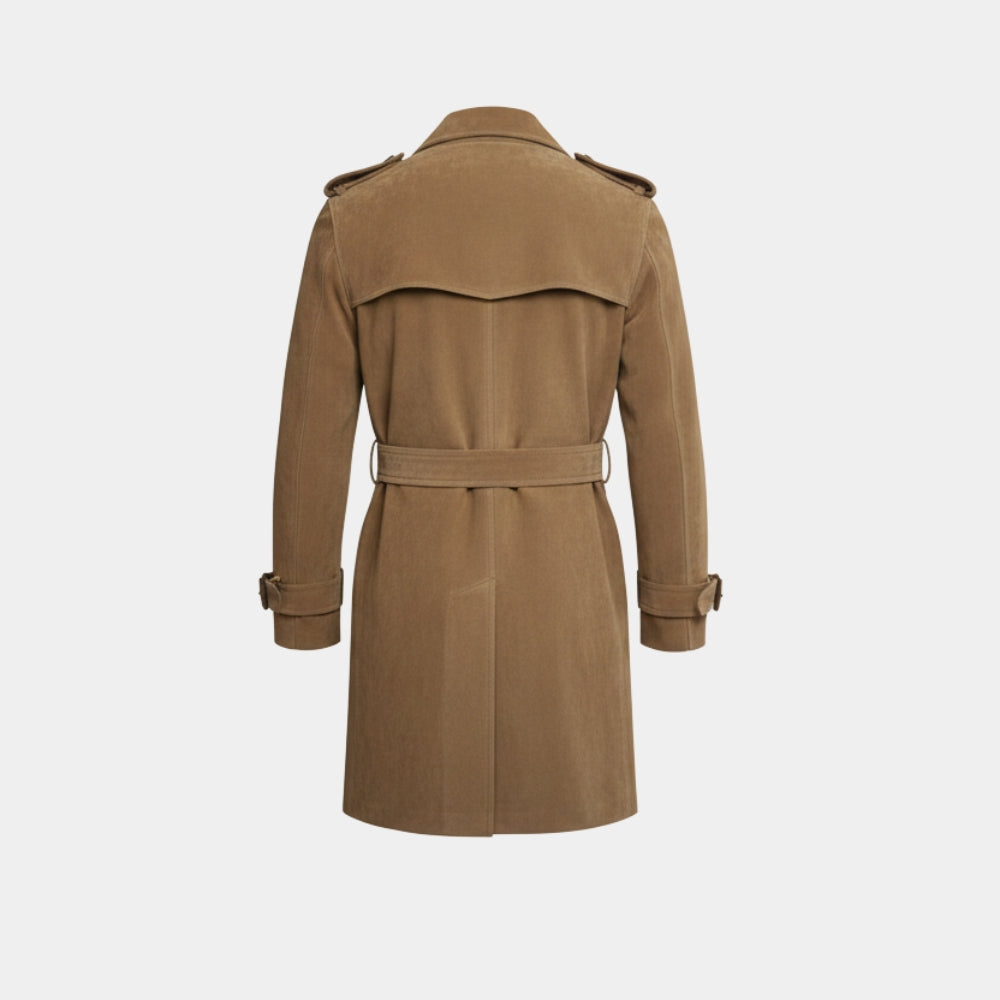 Dylan McDermott  FBI Most Wanted S04 Ep19 Remy Scott Tan Suede Leather Trench Coat - Mannequin Back View