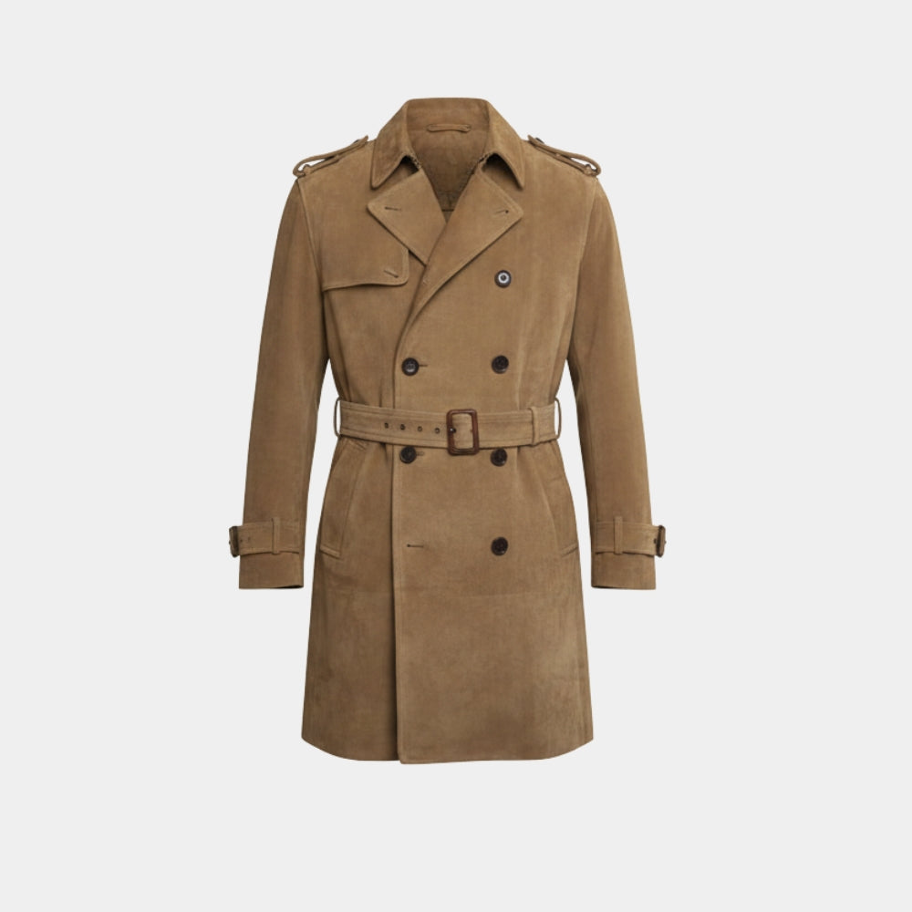 Dylan McDermott  FBI Most Wanted S04 Ep19 Remy Scott Tan Suede Leather Trench Coat - Mannequin Front View