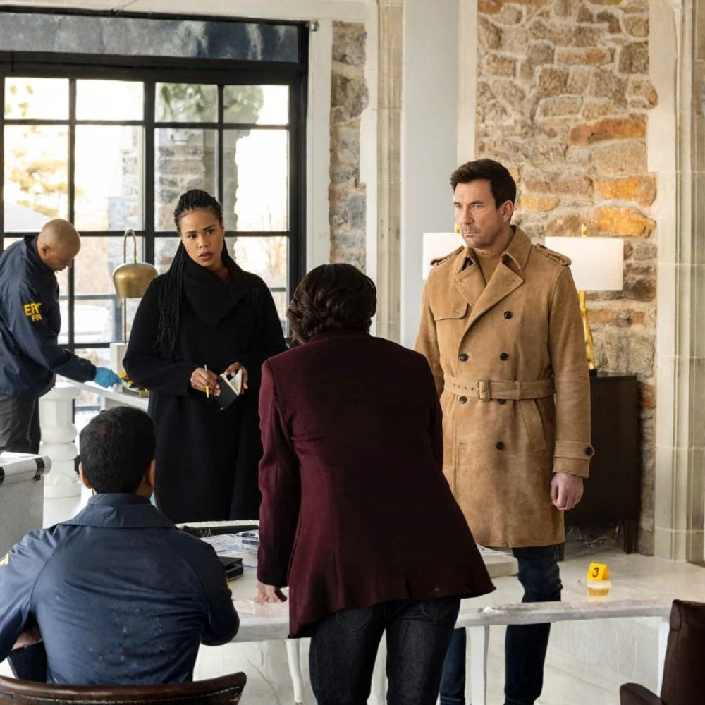 Dylan McDermott  FBI Most Wanted S04 Ep19 Remy Scott Tan Suede Leather Trench Coat - Side View