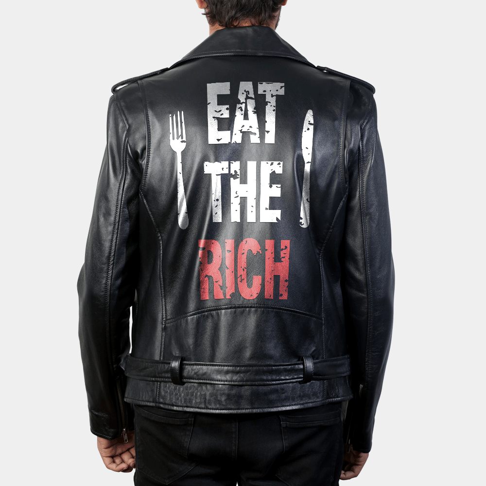 Eat the Rich Classic Printed Back Leather Biker Jacket - Back View