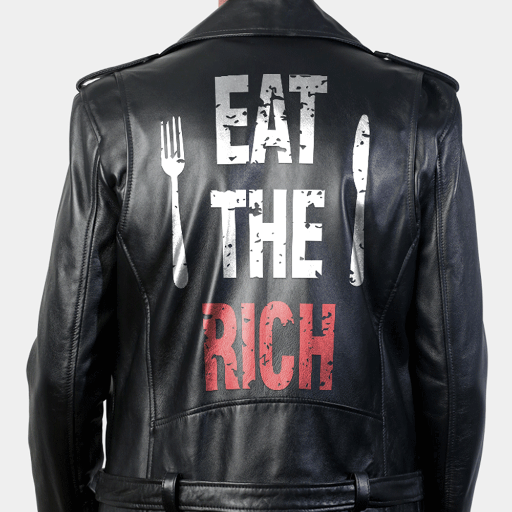 Eat the Rich Classic Printed Back Leather Biker Jacket - Close - Up Back View