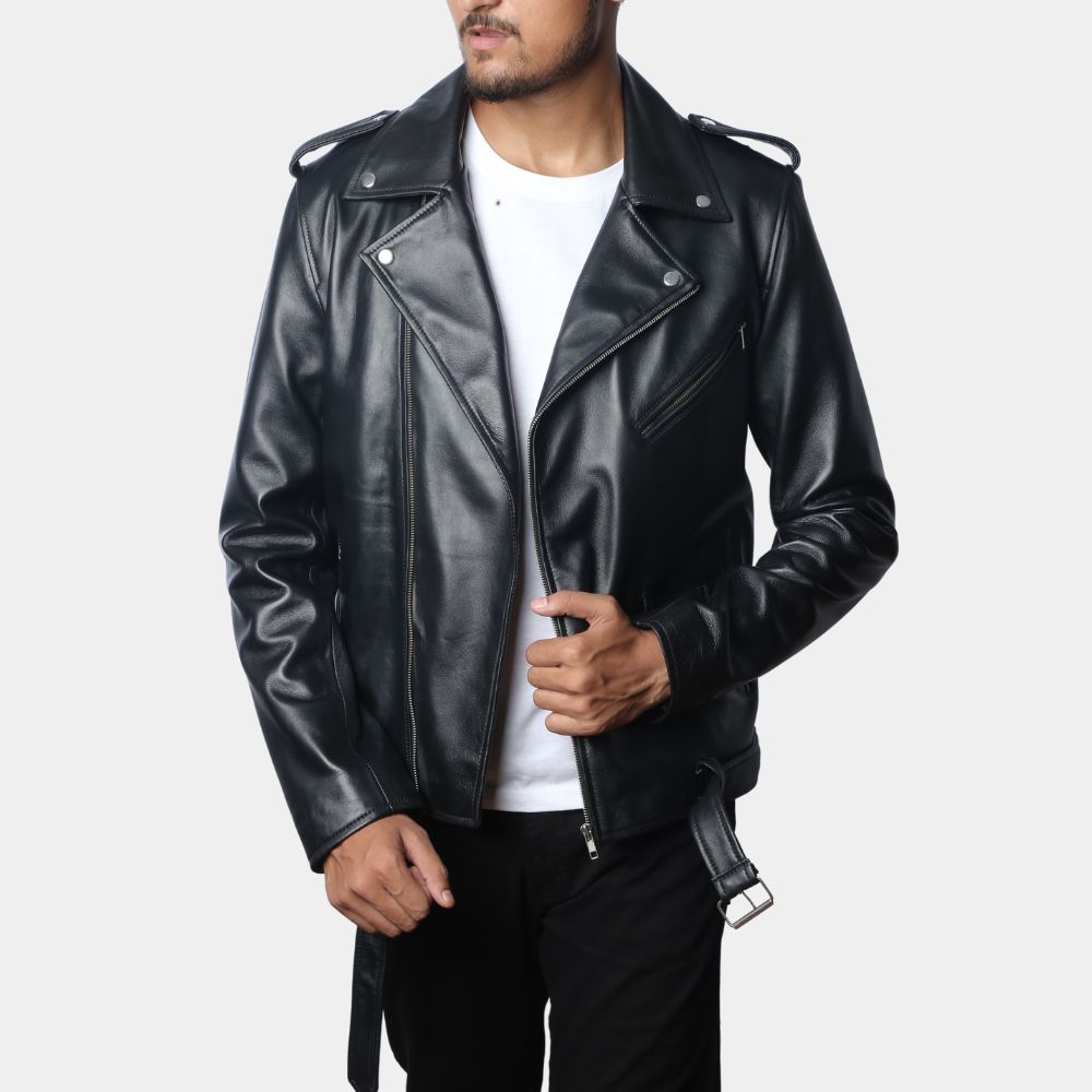 Eat the Rich Classic Printed Back Leather Biker Jacket - Front View