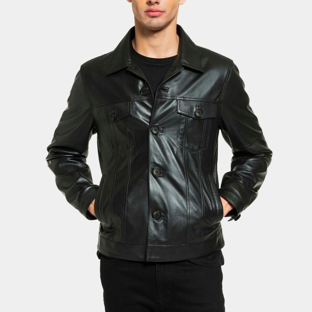 Elvis Presley Black Leather Trucker Jacket - Front Posture View