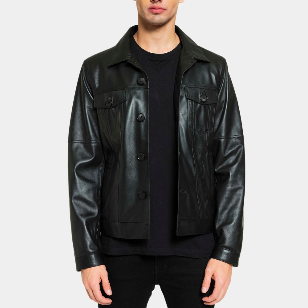Elvis Presley Black Leather Trucker Jacket - Front View