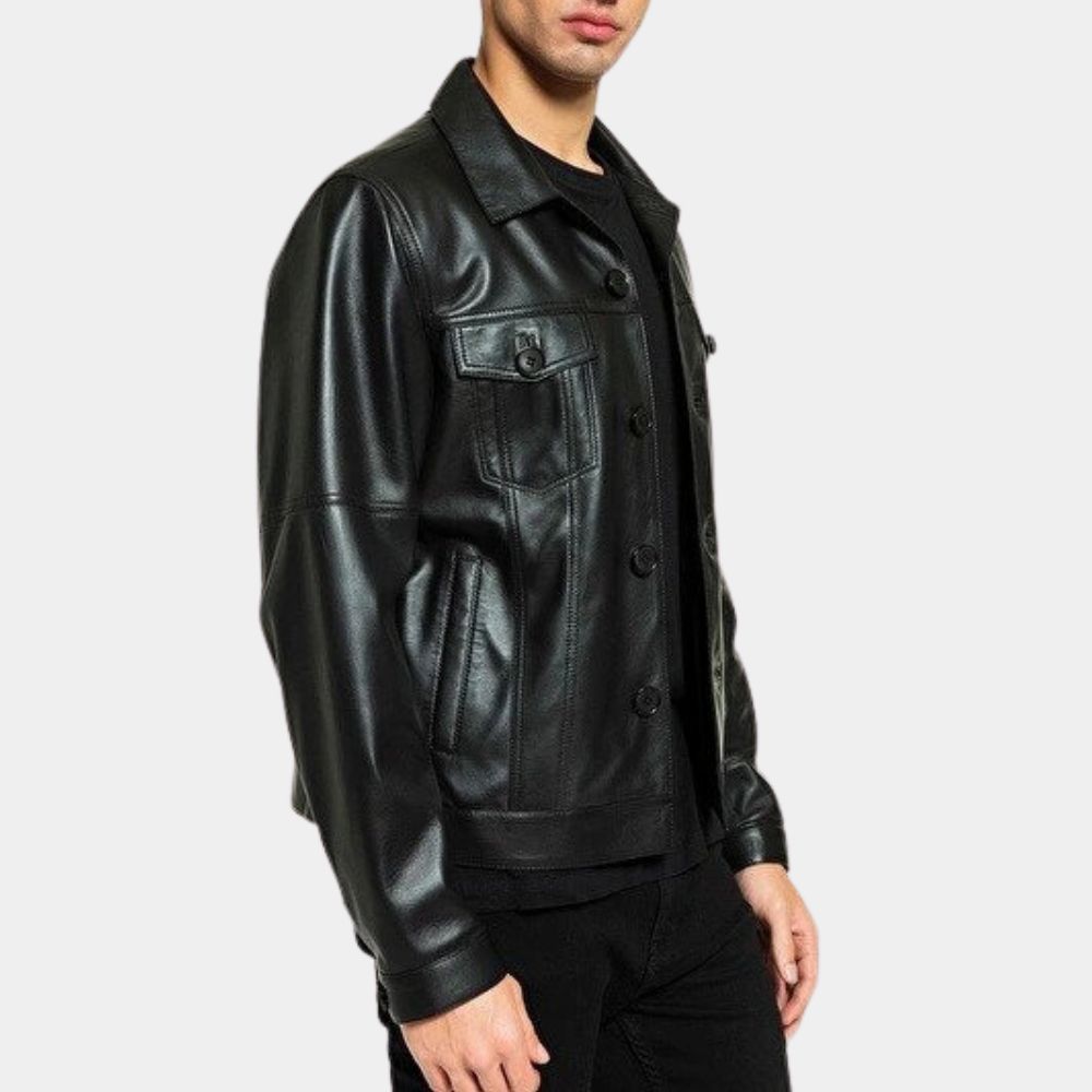 Elvis Presley Black Leather Trucker Jacket - Side View