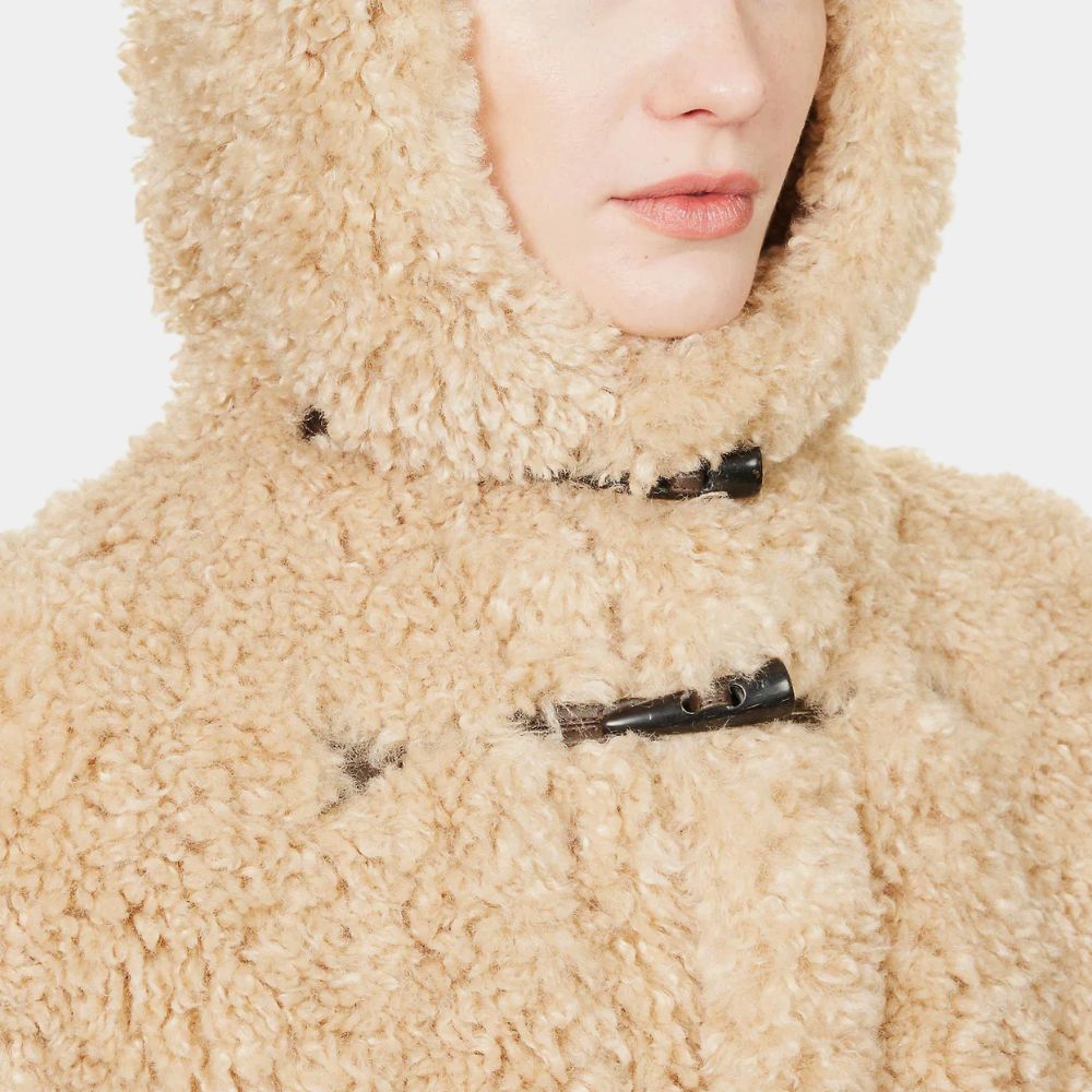 Emily In Rome Lily Collins aka Emily Cooper Faux Shearling Duffle Coat - Close - Up View