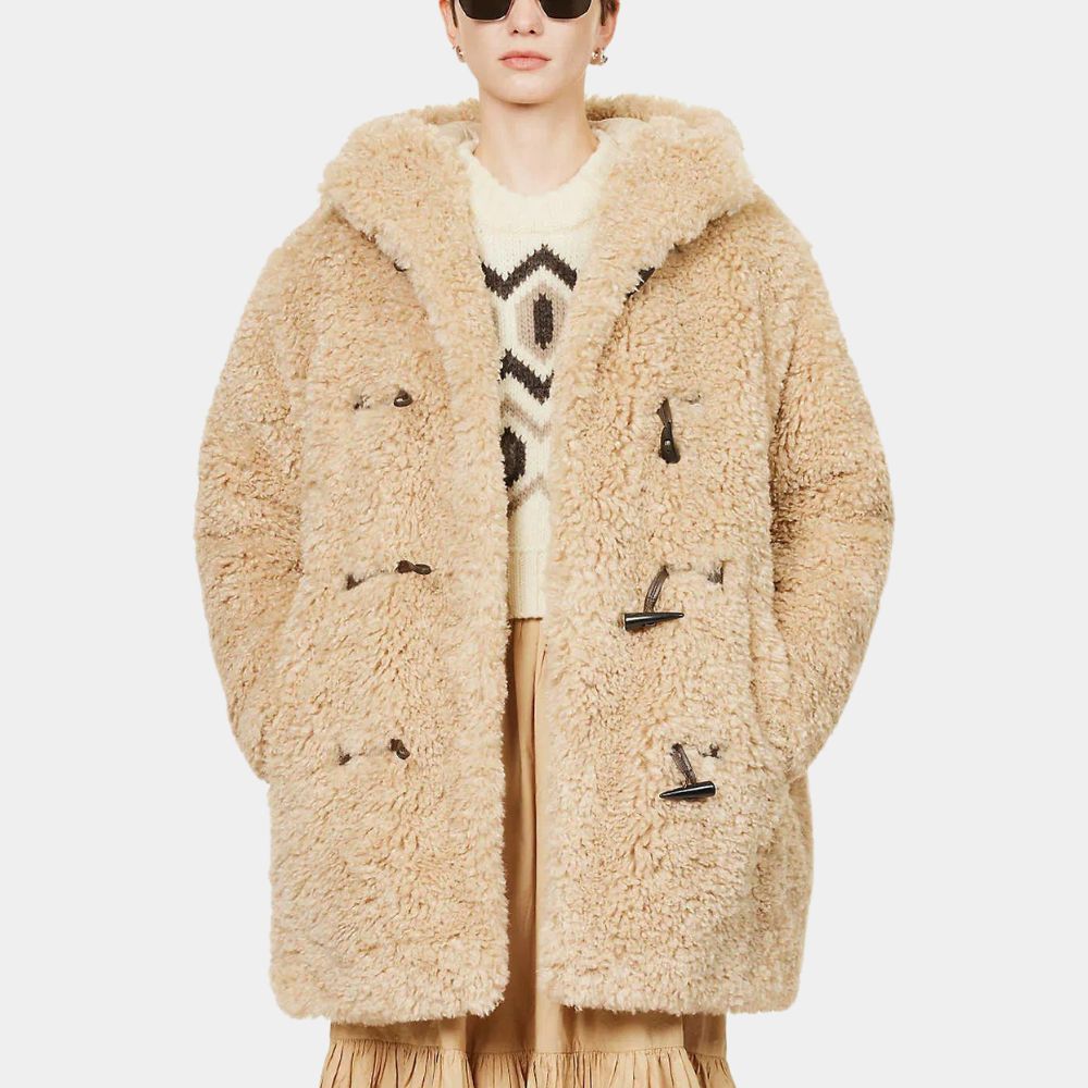 Emily In Rome Lily Collins aka Emily Cooper Faux Shearling Duffle Coat - Front View