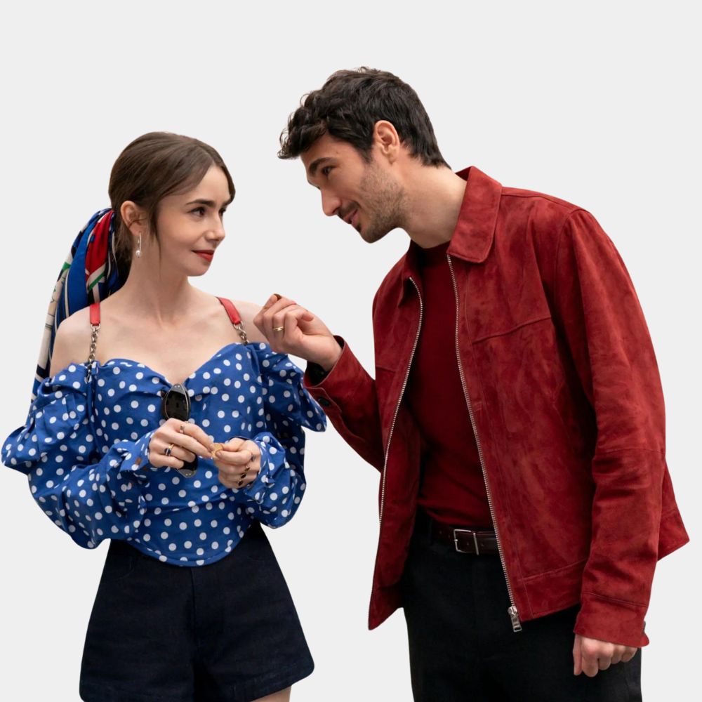 Emily in Paris Eugenio Franceschini aka Marcello Red Suede Leather Jacket - Character Front View