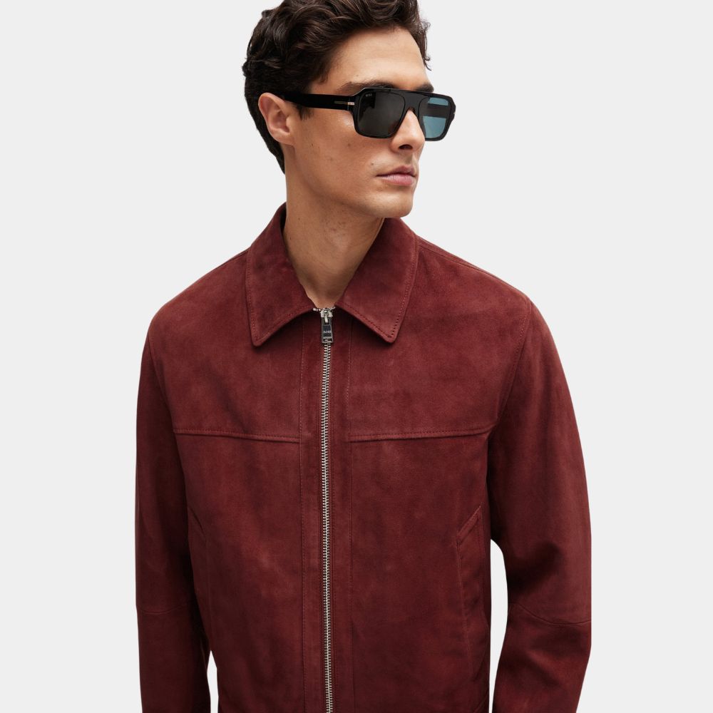 Emily in Paris Eugenio Franceschini aka Marcello Red Suede Leather Jacket - Front Close-Up View