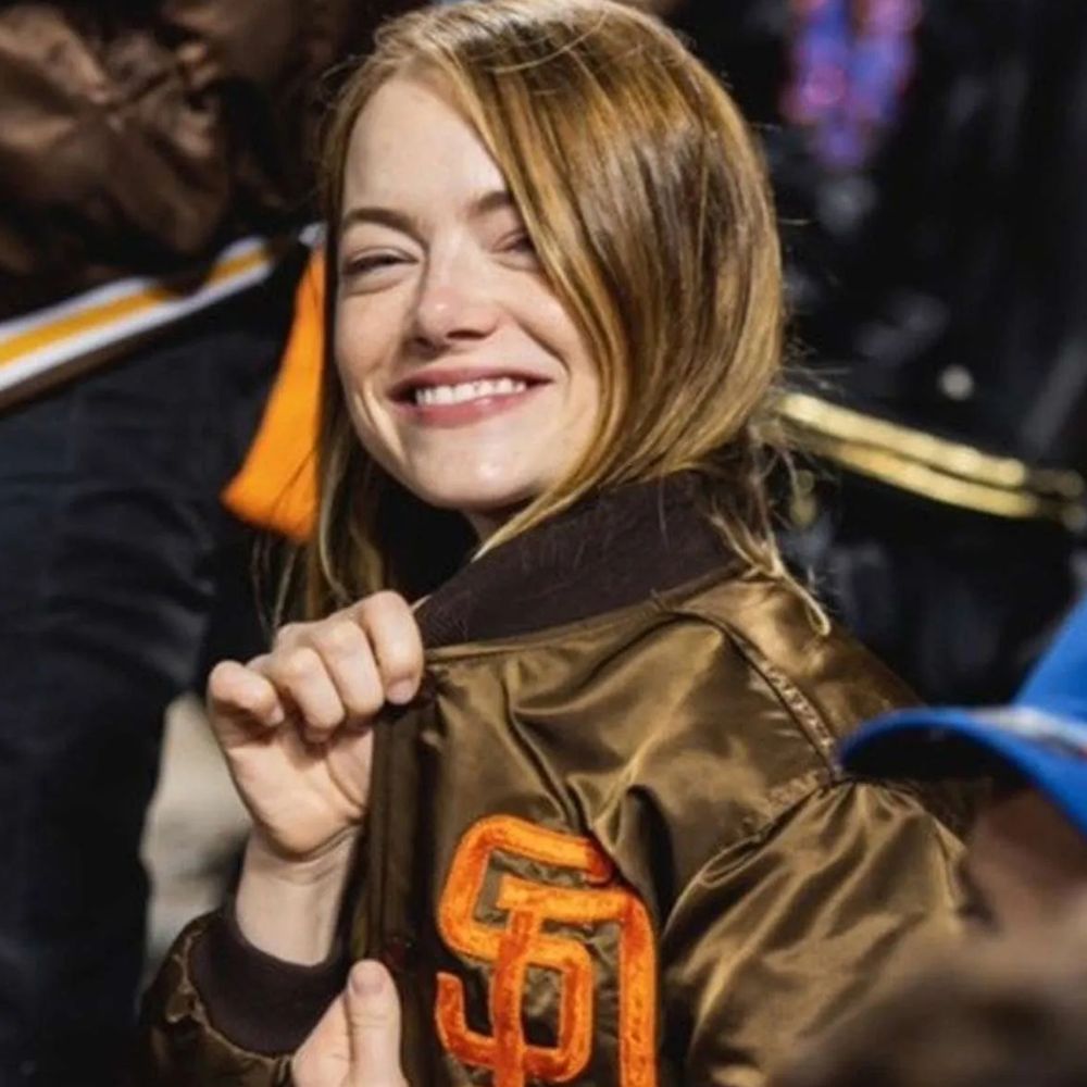 Emma Stone  San Diego Padres Brown Jacket - Close - Up View