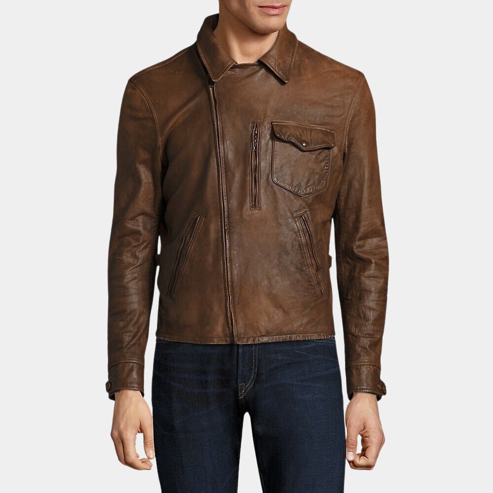 Escape from the New York Snake Plissken aka Kurt Russell Brown Leather Jacket - Front Posture View