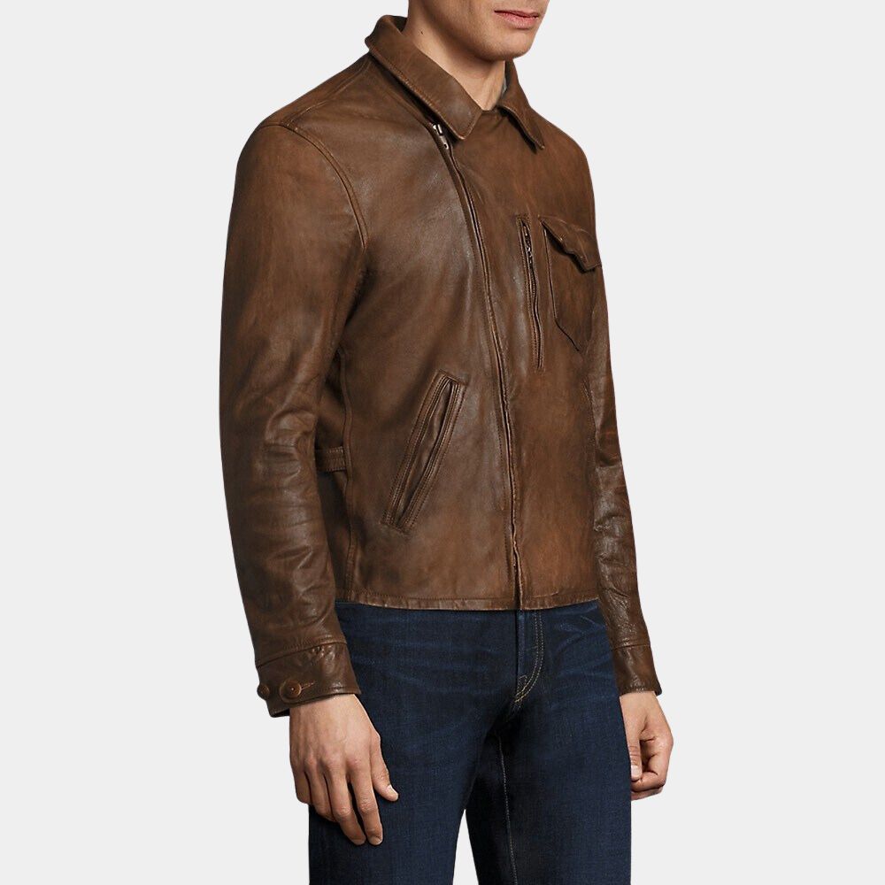 Escape from the New York Snake Plissken aka Kurt Russell Brown Leather Jacket - Side View