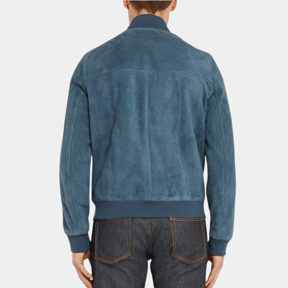 F1:The Movie Brad Pitt Blue Leather Bomber Jacket - Back View