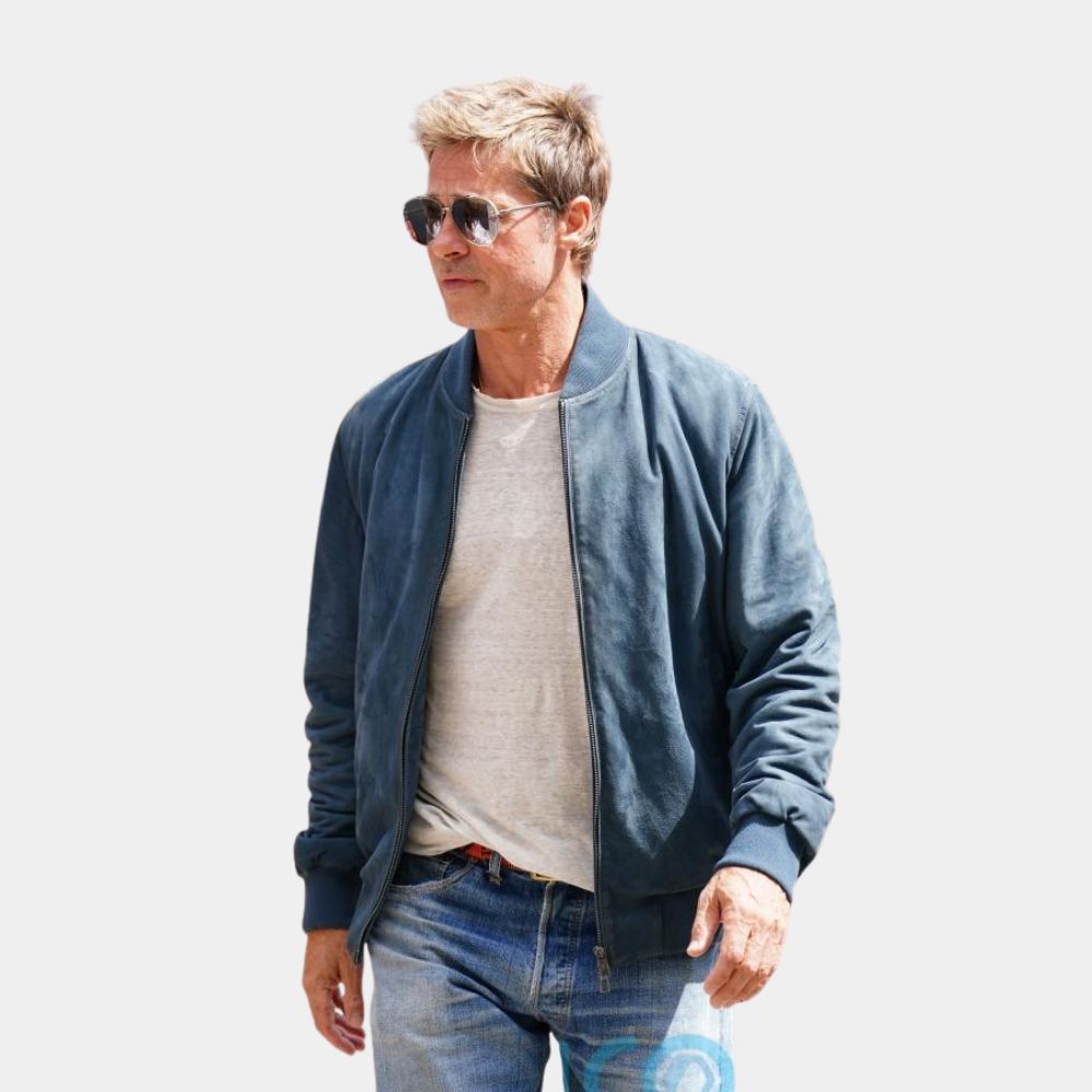 F1:The Movie Brad Pitt Blue Leather Bomber Jacket - Character Front View