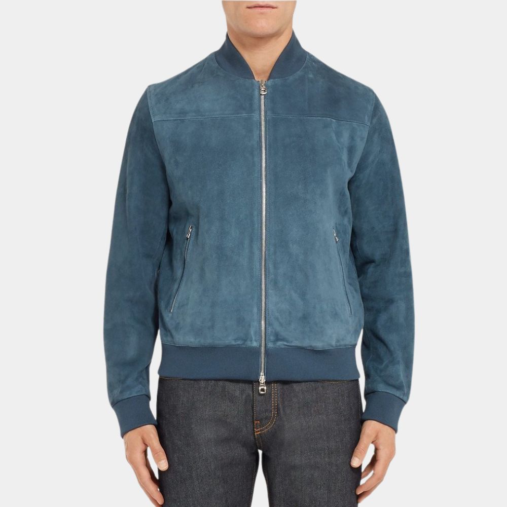 F1:The Movie Brad Pitt Blue Leather Bomber Jacket - Front Posture View