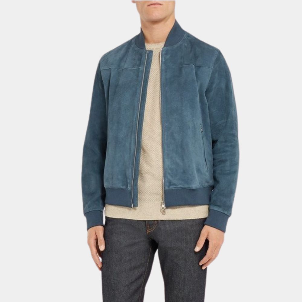 F1:The Movie Brad Pitt Blue Leather Bomber Jacket - Front View