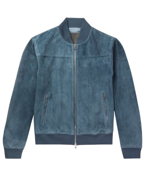 F1:The Movie Brad Pitt Blue Leather Bomber Jacket - Mannequin Front View