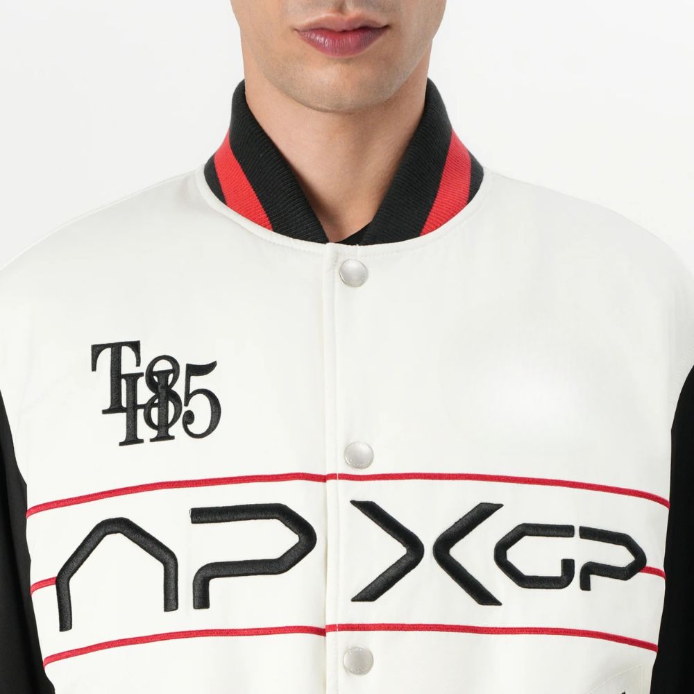 F1:The Movie   Damson Idris APXGP Graphic Varsity White Jacket - Front Close - Up View