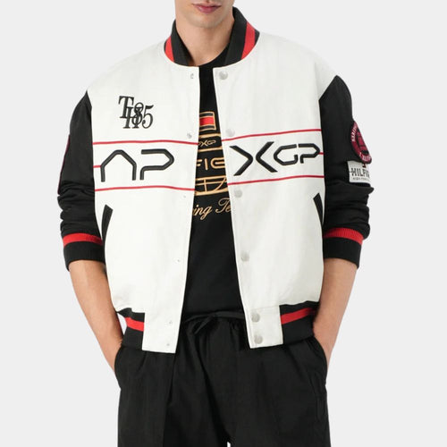 F1:The Movie   Damson Idris APXGP Graphic Varsity White Jacket - Front Posture View