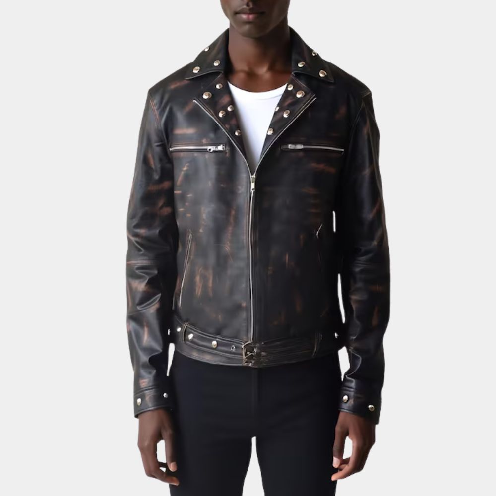 Fallout 3  Tunnel Snakes Black Distressed Leather Jacket - Front View