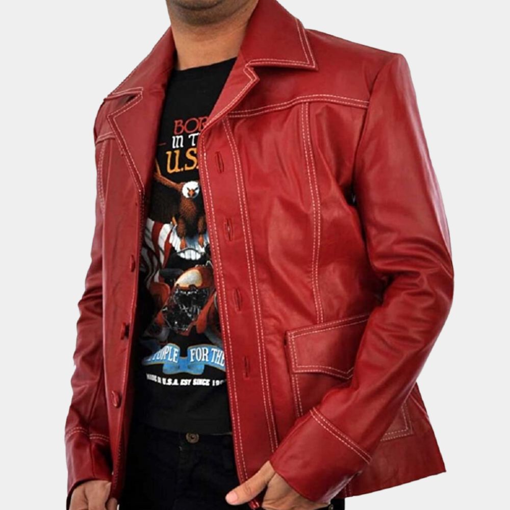 Fight Club Brad Pitt Leather Jacket - Front Posture View