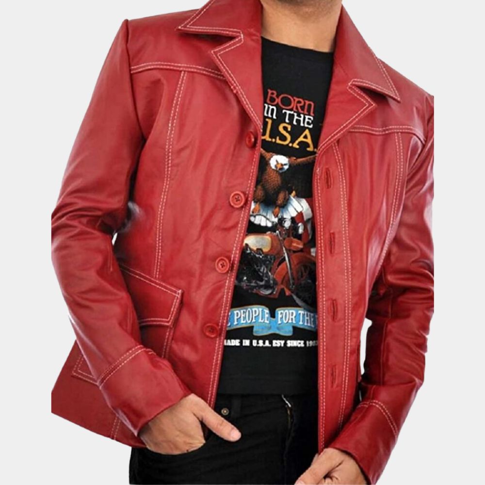 Fight Club Brad Pitt Leather Jacket - Front View