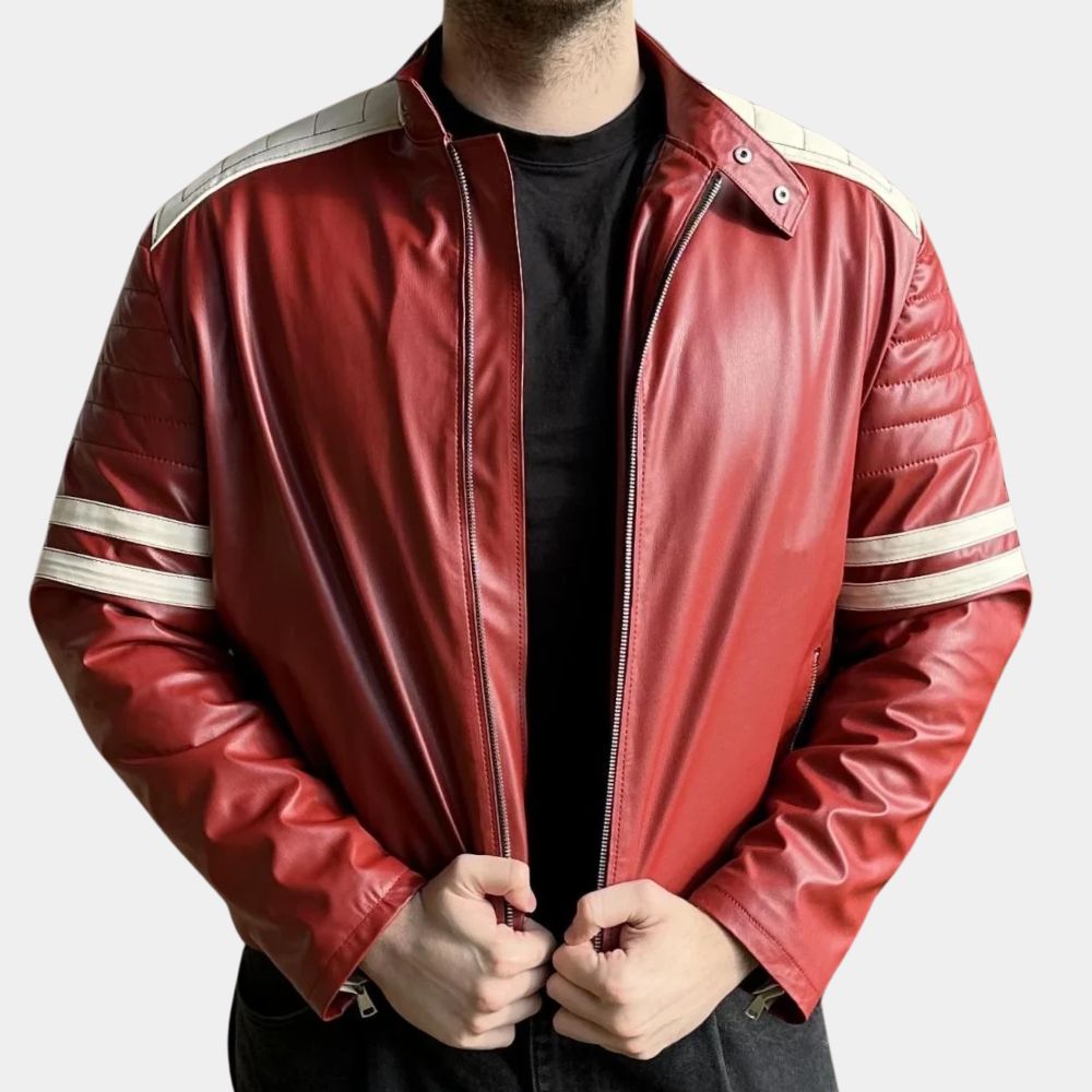 Fight Club  Tyler Durden Project Mayhem Real Leather Jacket - Close - Up Front View