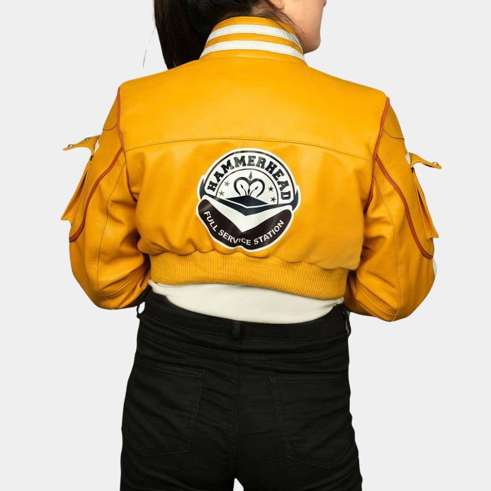 Final Fantasy XV  Cindy Aurum Yellow Leather Cropped Length Bomber Jacket - Back View