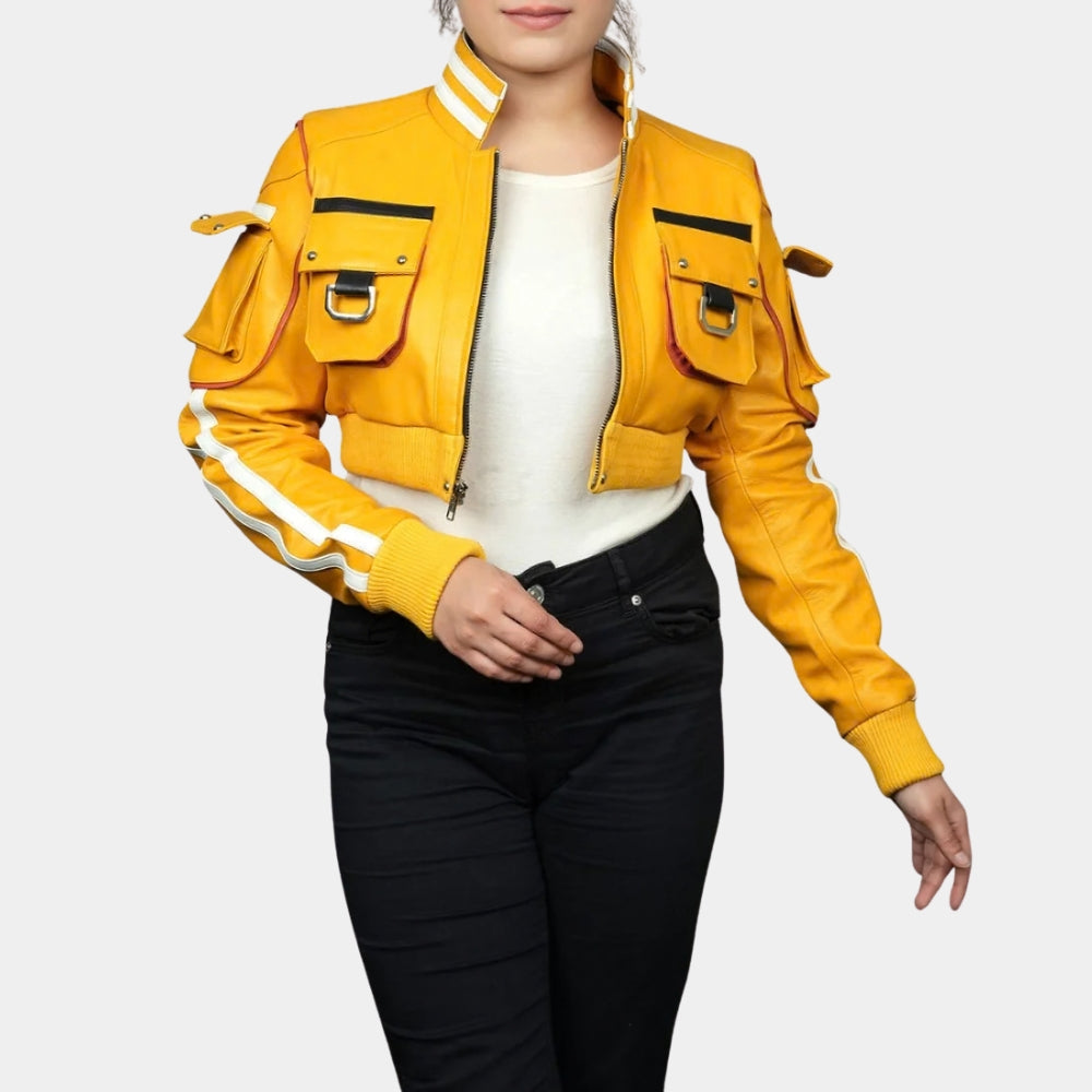 Final Fantasy XV  Cindy Aurum Yellow Leather Cropped Length Bomber Jacket - Front View