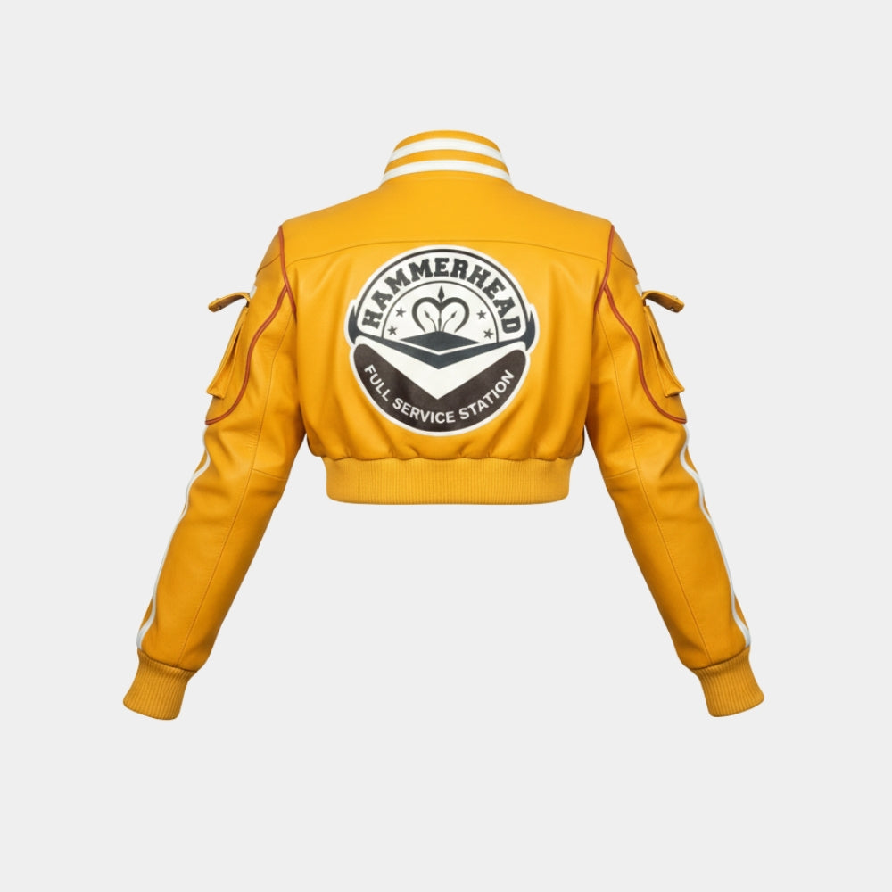 Final Fantasy XV  Cindy Aurum Yellow Leather Cropped Length Bomber Jacket - Mannequin Back View