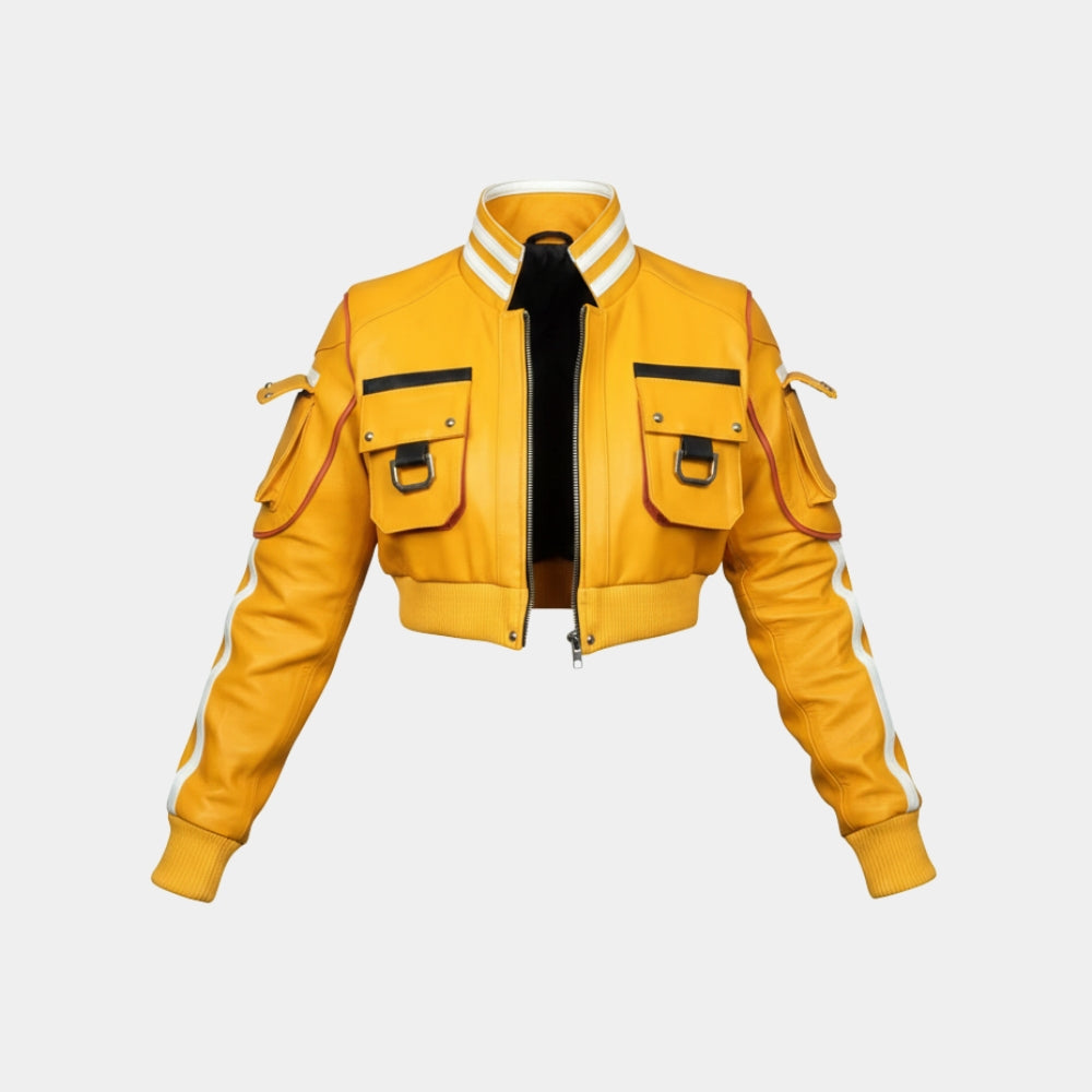 Final Fantasy XV  Cindy Aurum Yellow Leather Cropped Length Bomber Jacket - Mannequin Front View