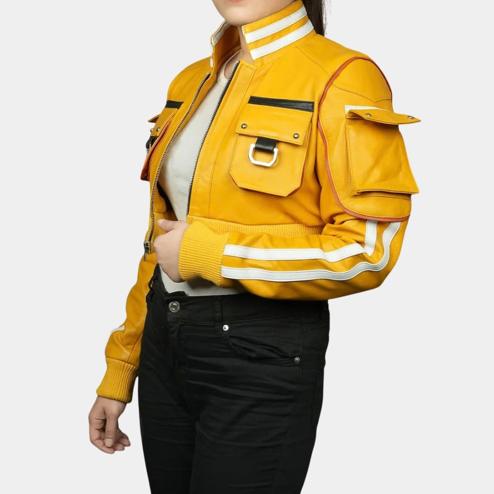 Final Fantasy XV  Cindy Aurum Yellow Leather Cropped Length Bomber Jacket - Side View