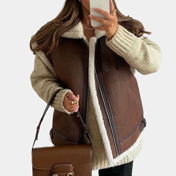 Fiona Brown Aviator Leather Faux Shearling Gilet - Front View