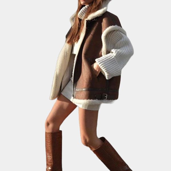 Fiona Brown Aviator Leather Faux Shearling Gilet - Side Posture View