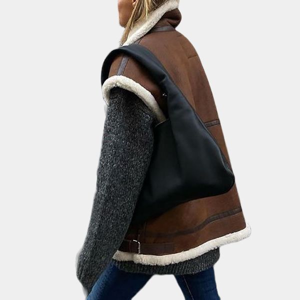 Fiona Brown Aviator Leather Faux Shearling Gilet - Side View