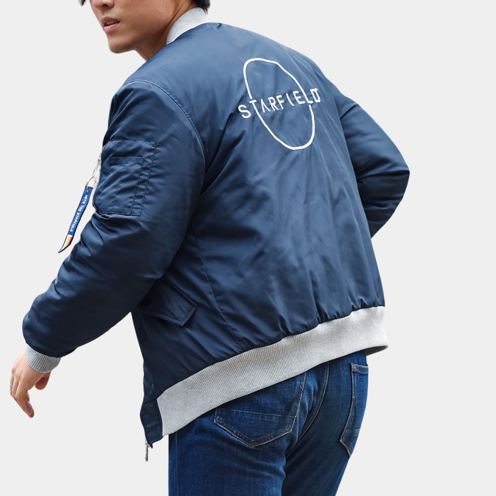 Flight Crew  Starfield Video Game Blue Bomber Jacket - Back View