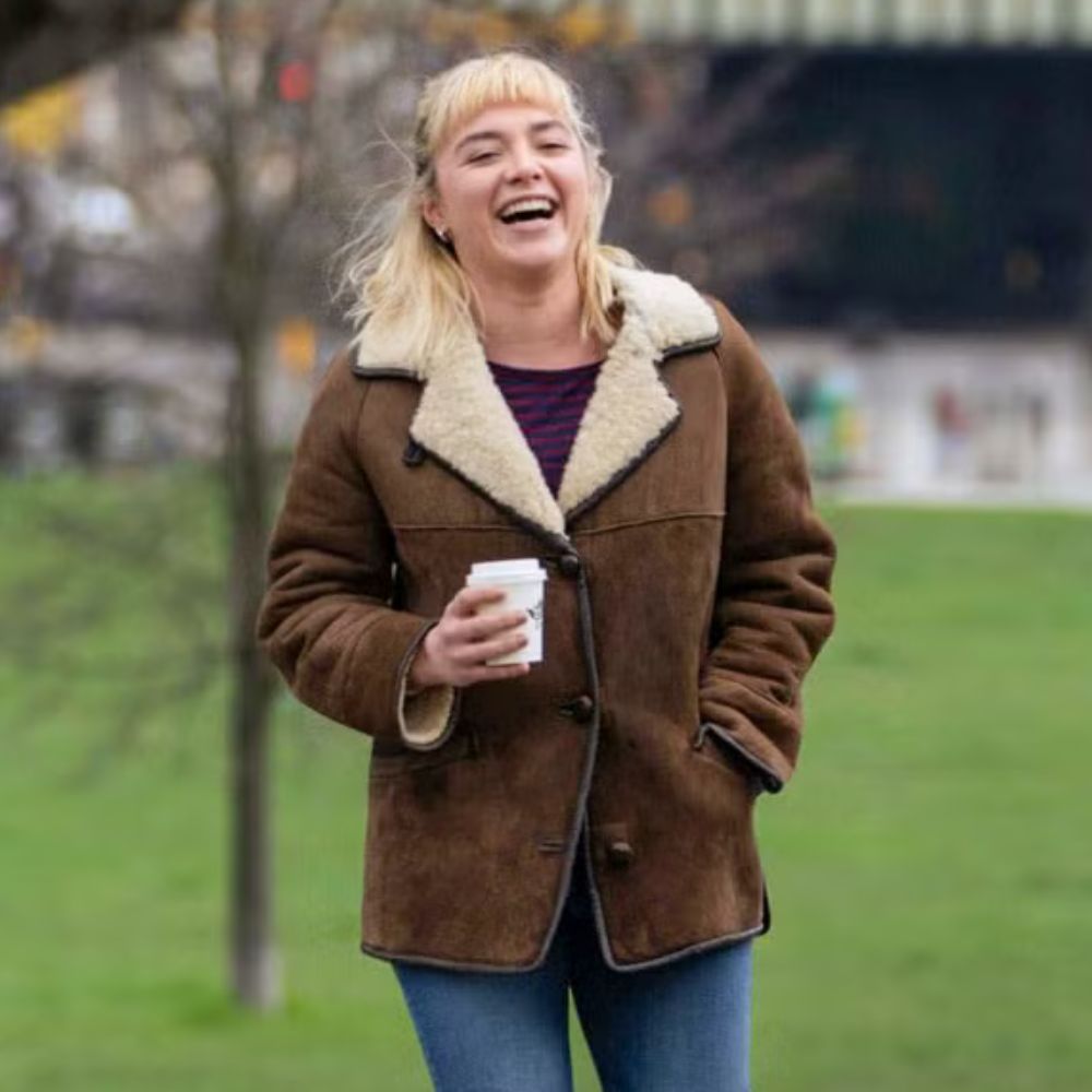 Florence Pugh Almut Shearling Brown Suede Leather Jacket - Character Front View