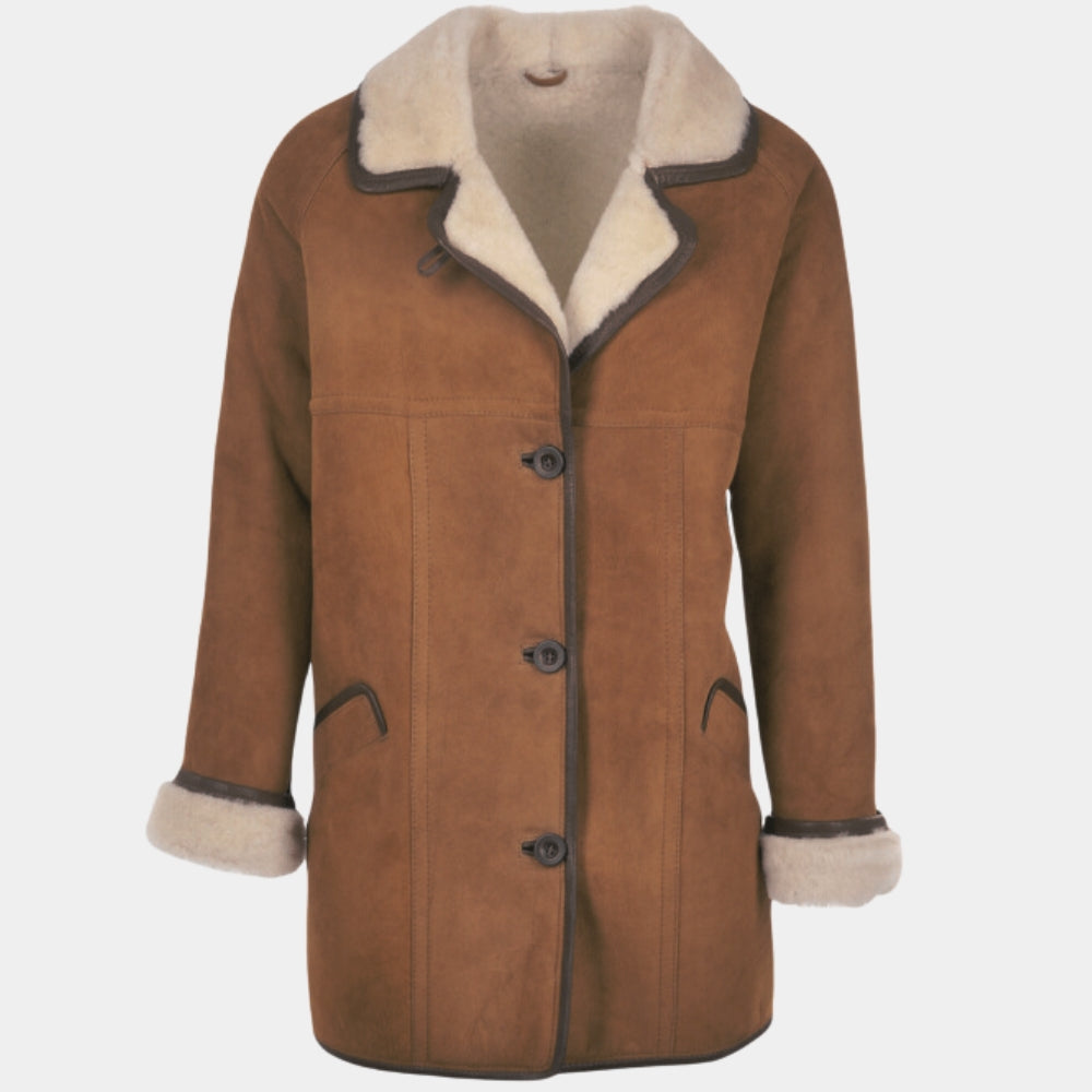 Florence Pugh Almut Shearling Brown Suede Leather Jacket - Mannequin Front View