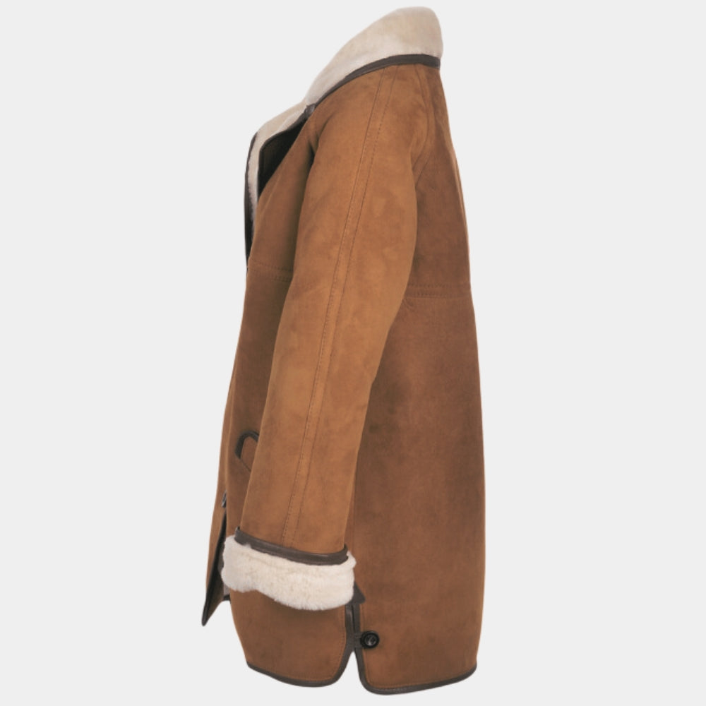 Florence Pugh Almut Shearling Brown Suede Leather Jacket - Mannequin Side View